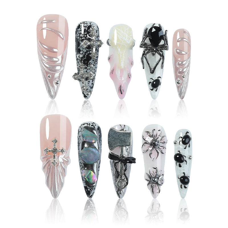 Handmade Avant-Garde Gothic Press-on Nails | 3D Silver Spider & Beetle Entomology Art | Liquid Metal & Black Lace Design | Dark Aesthetic Statement Nails