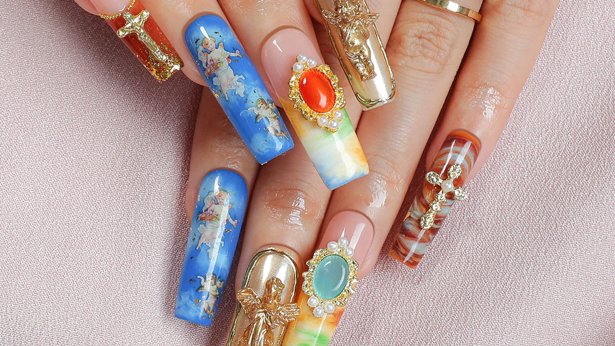 Handmade Renaissance Art Press-on Nails | Cherub Angel Cloud Painting & Rainbow Oil Texture | Luxury Baroque Cross & Gemstone Reusable Nails