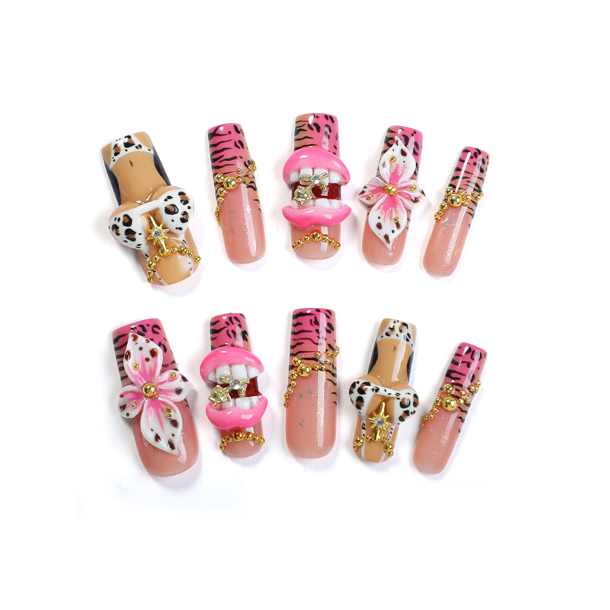 Handmade Y2K Hot Pink Leopard Press-on Nails | 3D Lip & Bikini Charms | Luxury Baddie Aesthetic Long Square Nails