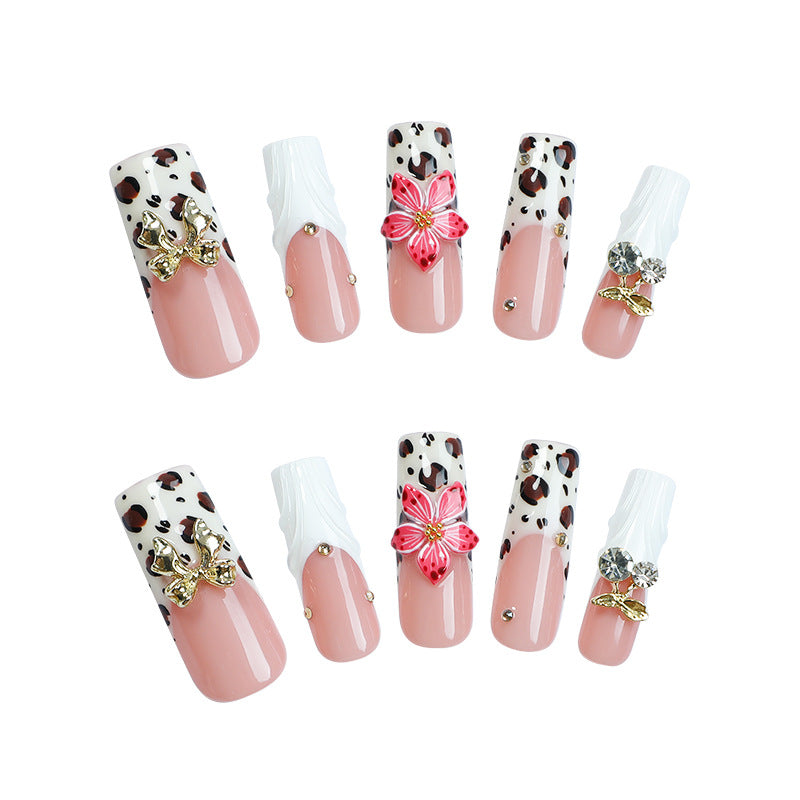 Luxury White Leopard Press-on Nails | 3D Golden Bow & Cherry Rhinestone Charms | Chic French Tip Reusable Soft Baddie Nails