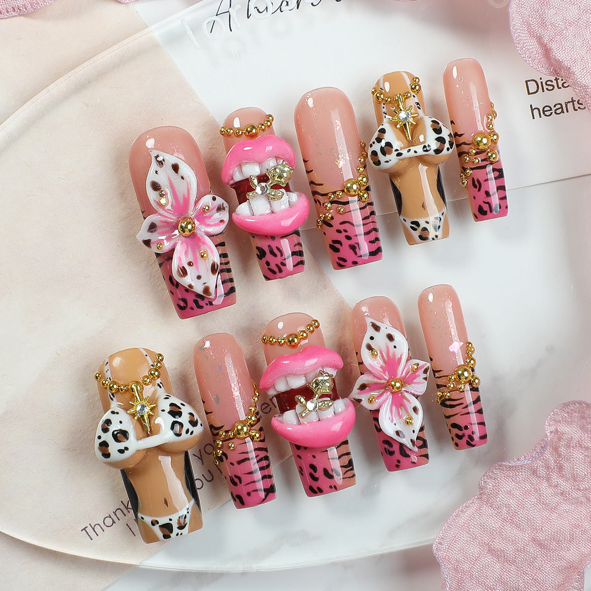 Handmade Y2K Hot Pink Leopard Press-on Nails | 3D Lip & Bikini Charms | Luxury Baddie Aesthetic Long Square Nails