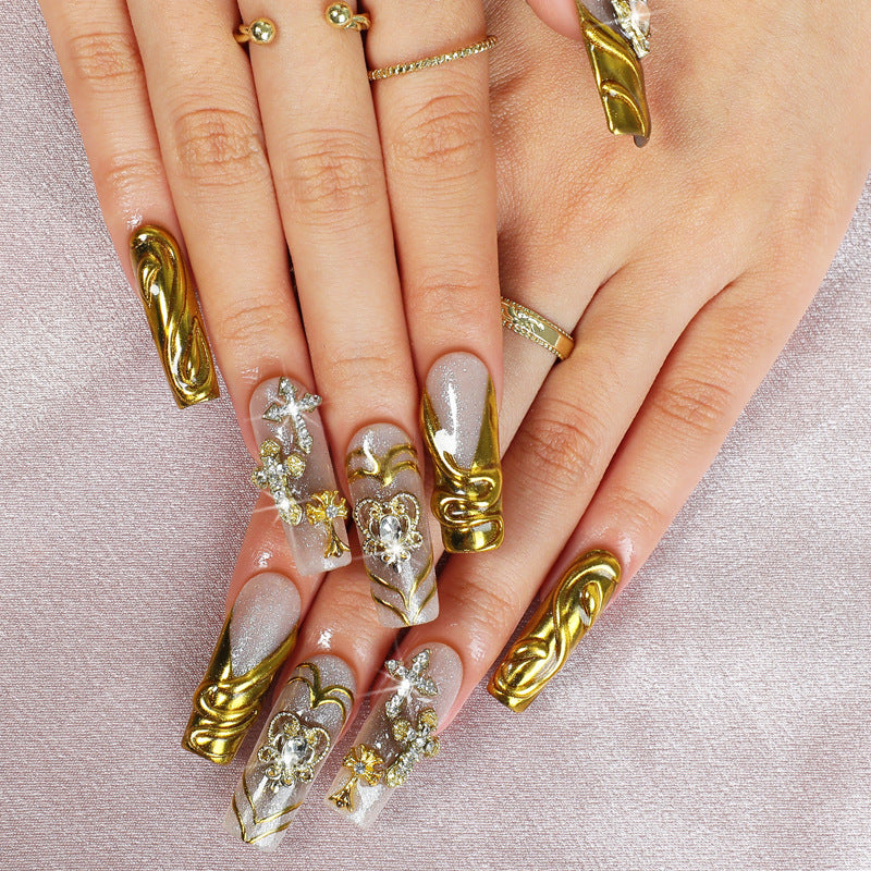 Handmade Luxury Golden Baroque Press-on Nails | Heavy 3D Liquid Gold Embossed Art | Royal Heart Crown & Diamond Cross Reusable Nails | Statement Gala Manicure
