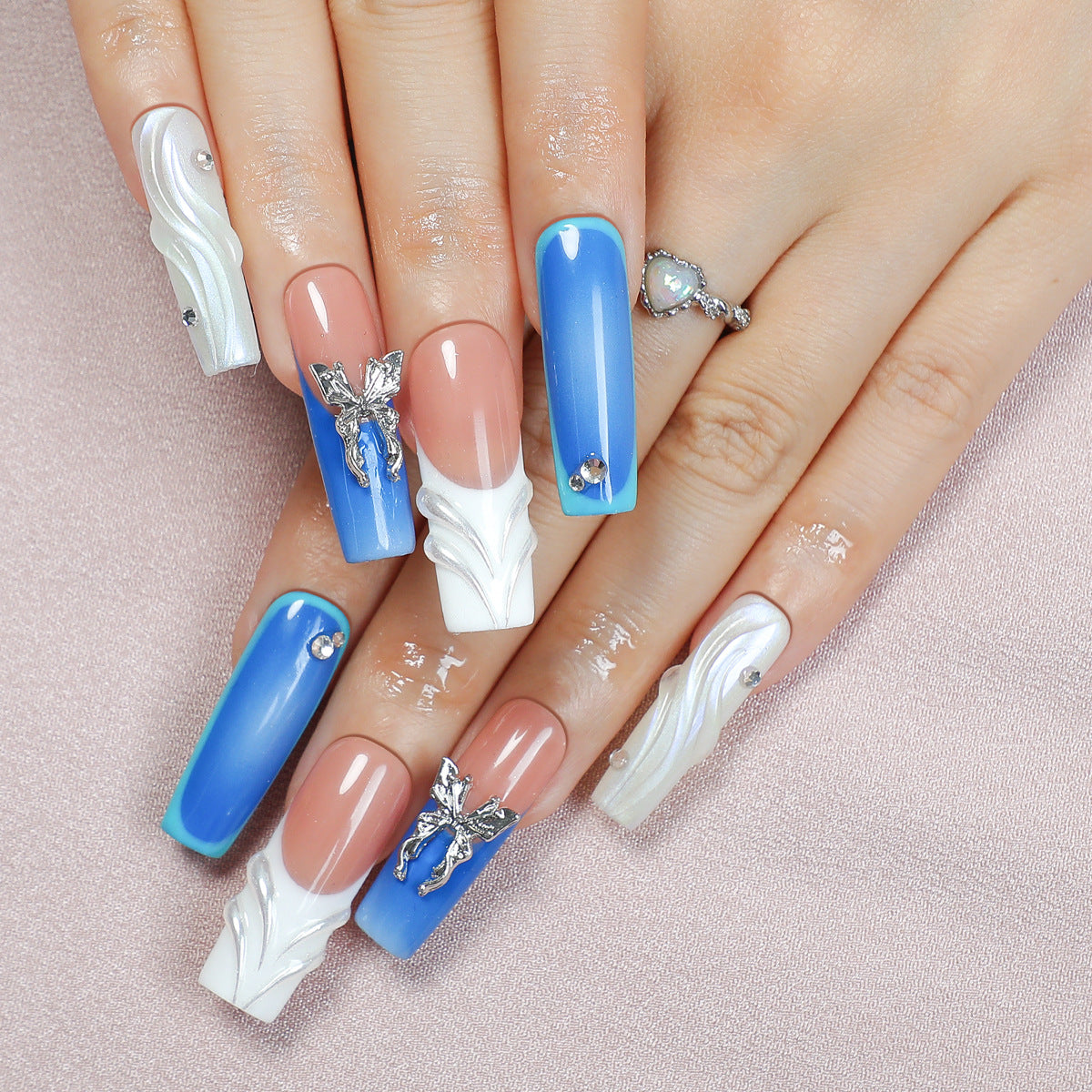 Handmade Electric Blue Cyberpunk Press-on Nails | 3D Silver Metallic Chrome Flow | Luxury Butterfly Wings Reusable Futuristic Nail Art