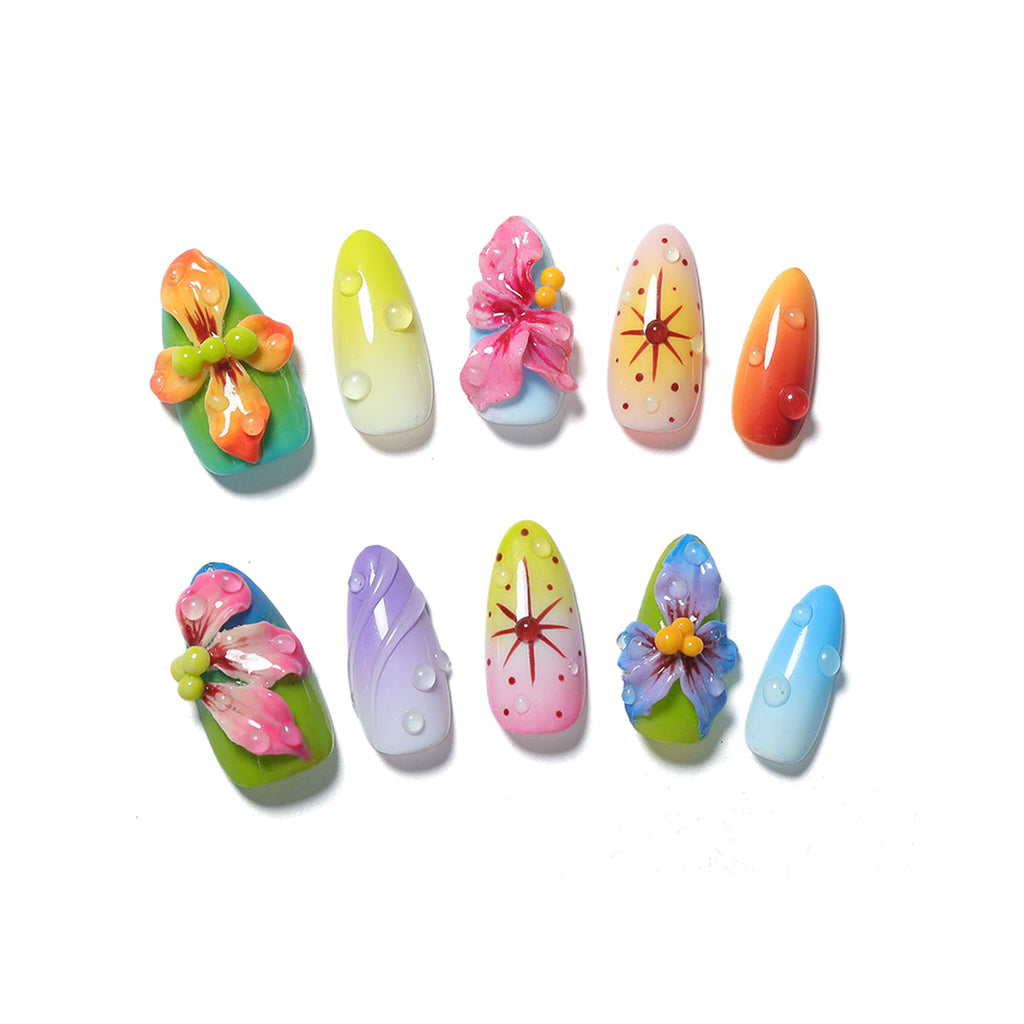 Handmade Almond 3D Floral Press-on Nails | Vibrant Rainbow Gradient & Dewdrop Art | Luxury Avant-Garde Festival Reusable Nails