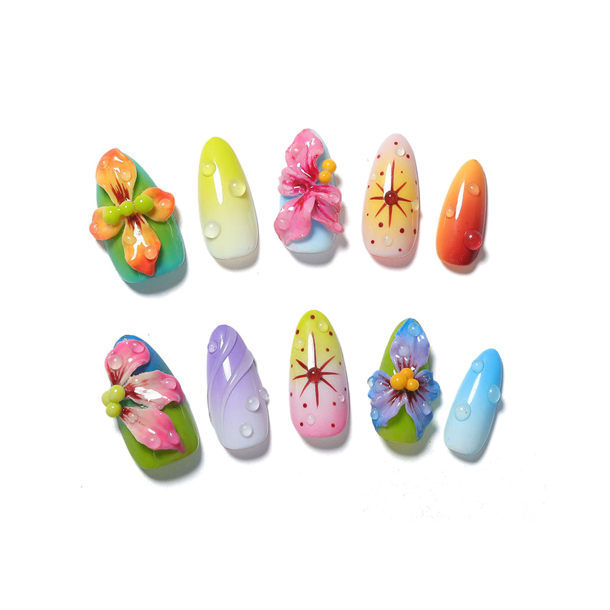 Handmade Almond 3D Floral Press-on Nails | Vibrant Rainbow Gradient & Dewdrop Art | Luxury Avant-Garde Festival Reusable Nails