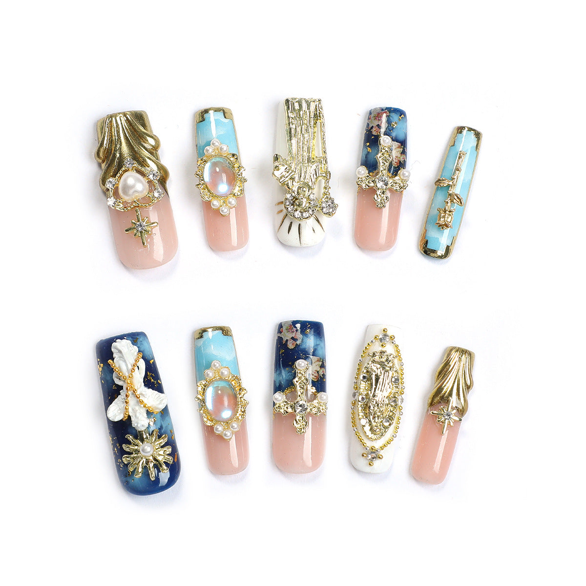 Luxury Celestial Baroque Press-on Nails | 3D Cross & Star Gold Charms | Handmade Oil Painting Galaxy & Pearl Royal Nail Art Set
