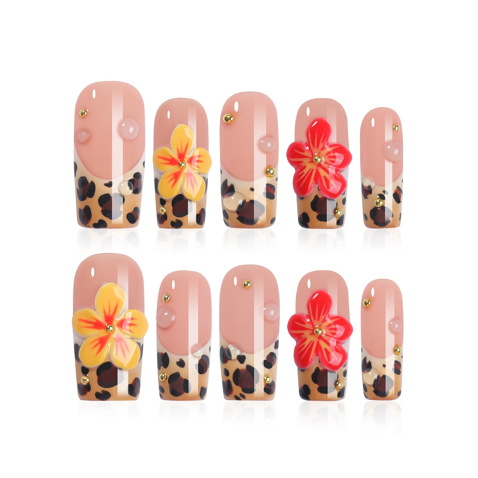Handmade Square Leopard 3D Floral Press-on Nails | Exotic Safari & Dewdrop Crystal Art | Luxury Bold Tropical Festival Statement Nails
