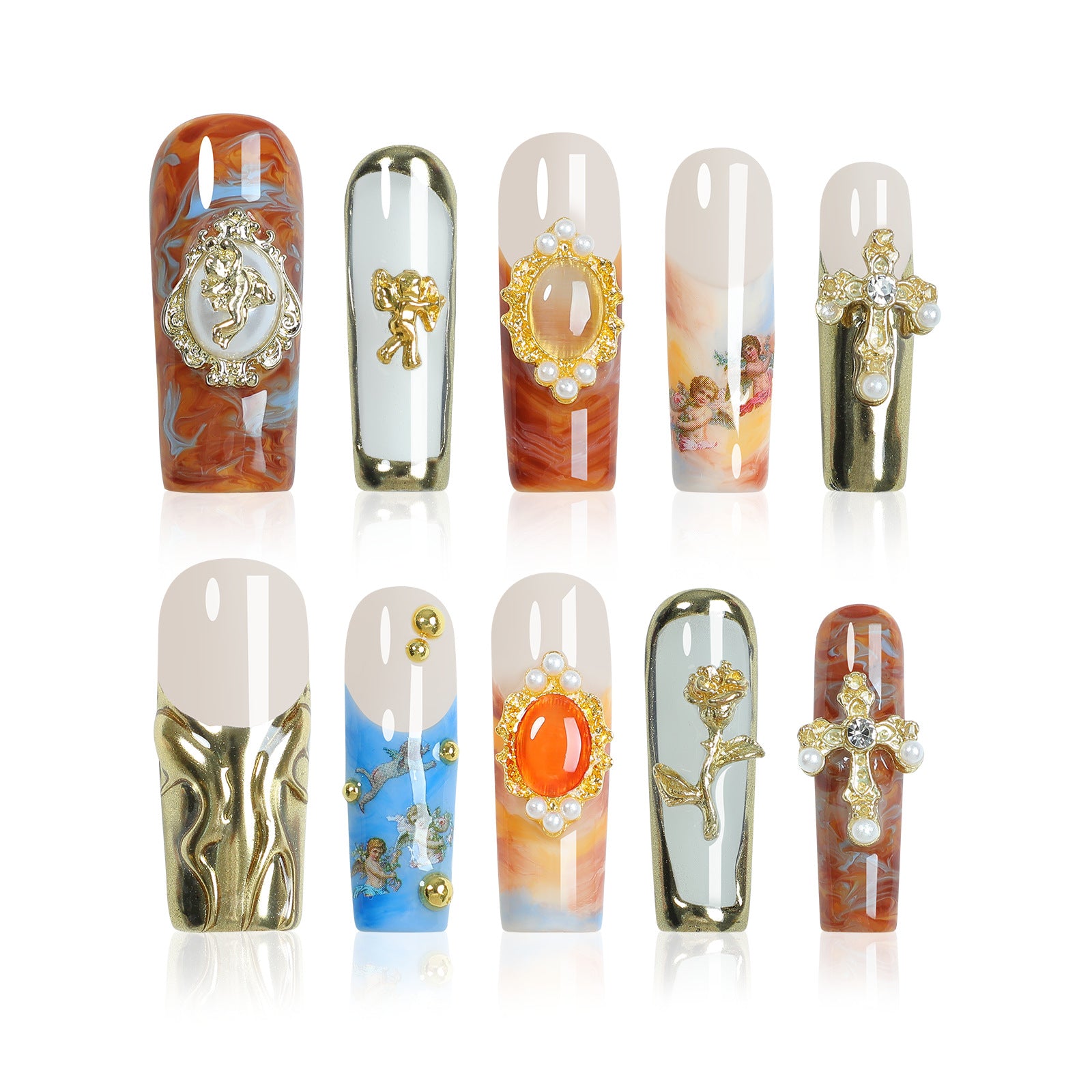 Handmade Renaissance Cherub Press-on Nails | Luxury Amber Gem & Gold Cross Design | Marbled Celestial Angel Nail Art Set
