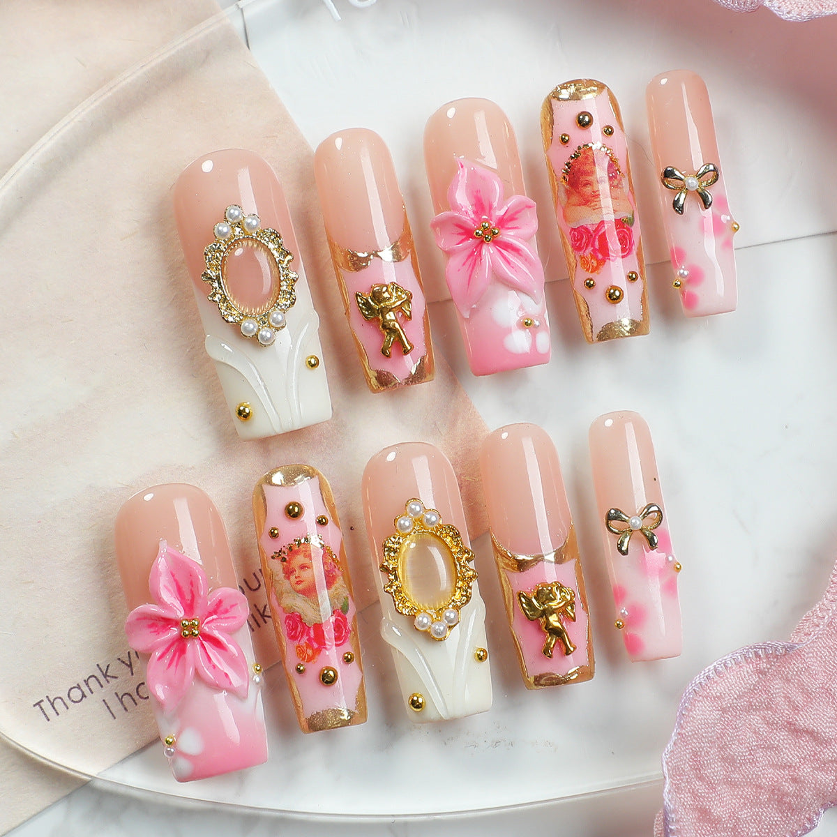 Handmade Pink Coquette Renaissance Press-on Nails | 3D Floral & Angel Cherub Design | Luxury Soft Girl Reusable Nail Art Set