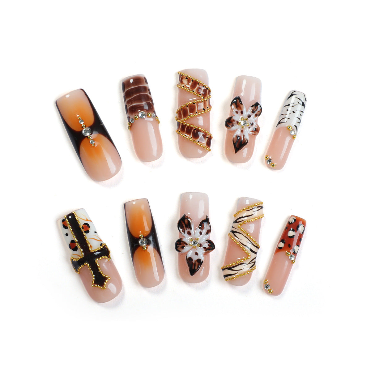 Handmade Chic Safari Press-on Nails | Gold Chain Wrap & Amber Tortoise Art | Luxury Leopard & Zebra Print Design | Reusable Exotic Statement Nails