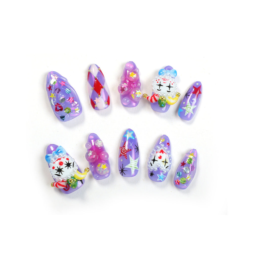 Handmade Avant-Garde "Midnight Circus" Press-on Nails | 3D Sculpted Harlequin & Clown Art | Purple Starry Kidcore Aesthetic | Bold Reusable Alternative Fashion Nails
