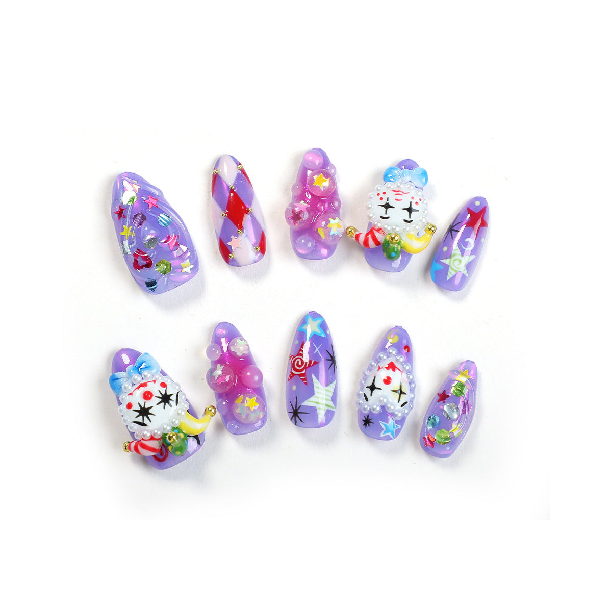 Handmade Avant-Garde "Midnight Circus" Press-on Nails | 3D Sculpted Harlequin & Clown Art | Purple Starry Kidcore Aesthetic | Bold Reusable Alternative Fashion Nails