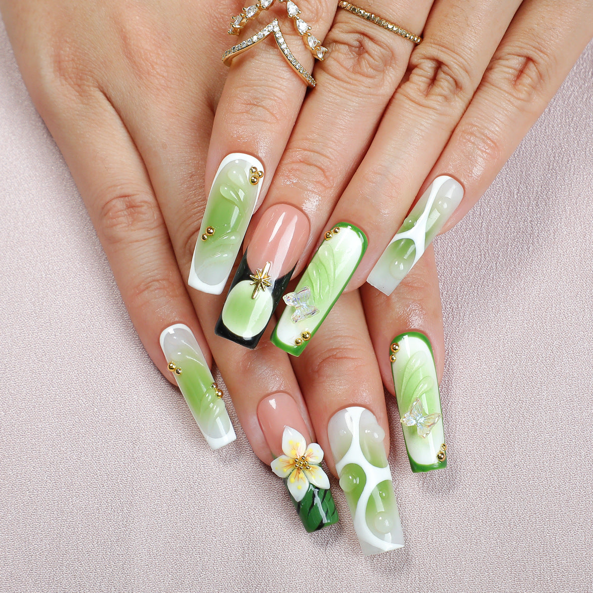 Handmade Emerald Green Jade Press-on Nails | 3D White Floral & Butterfly Art | Oriental Zen Aesthetic Reusable Luxury False Nails