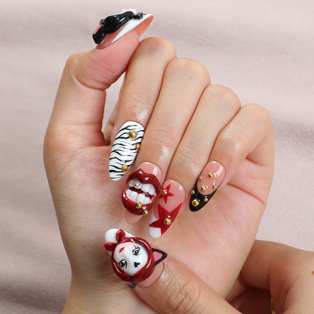 Handmade Almond 3D Surrealist Art Press-on Nails | Punk Gothic & Zebra Noir Fusion | Luxury Avant-Garde Edgy Reusable Nails
