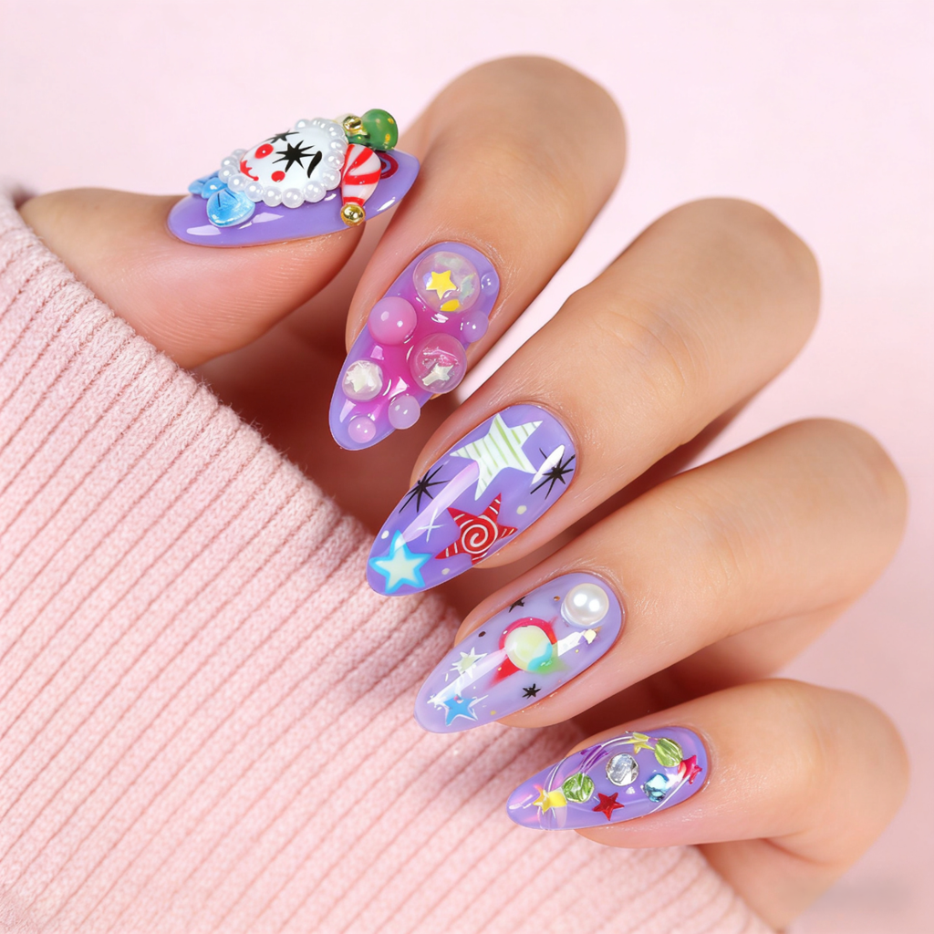 Handmade Avant-Garde "Midnight Circus" Press-on Nails | 3D Sculpted Harlequin & Clown Art | Purple Starry Kidcore Aesthetic | Bold Reusable Alternative Fashion Nails