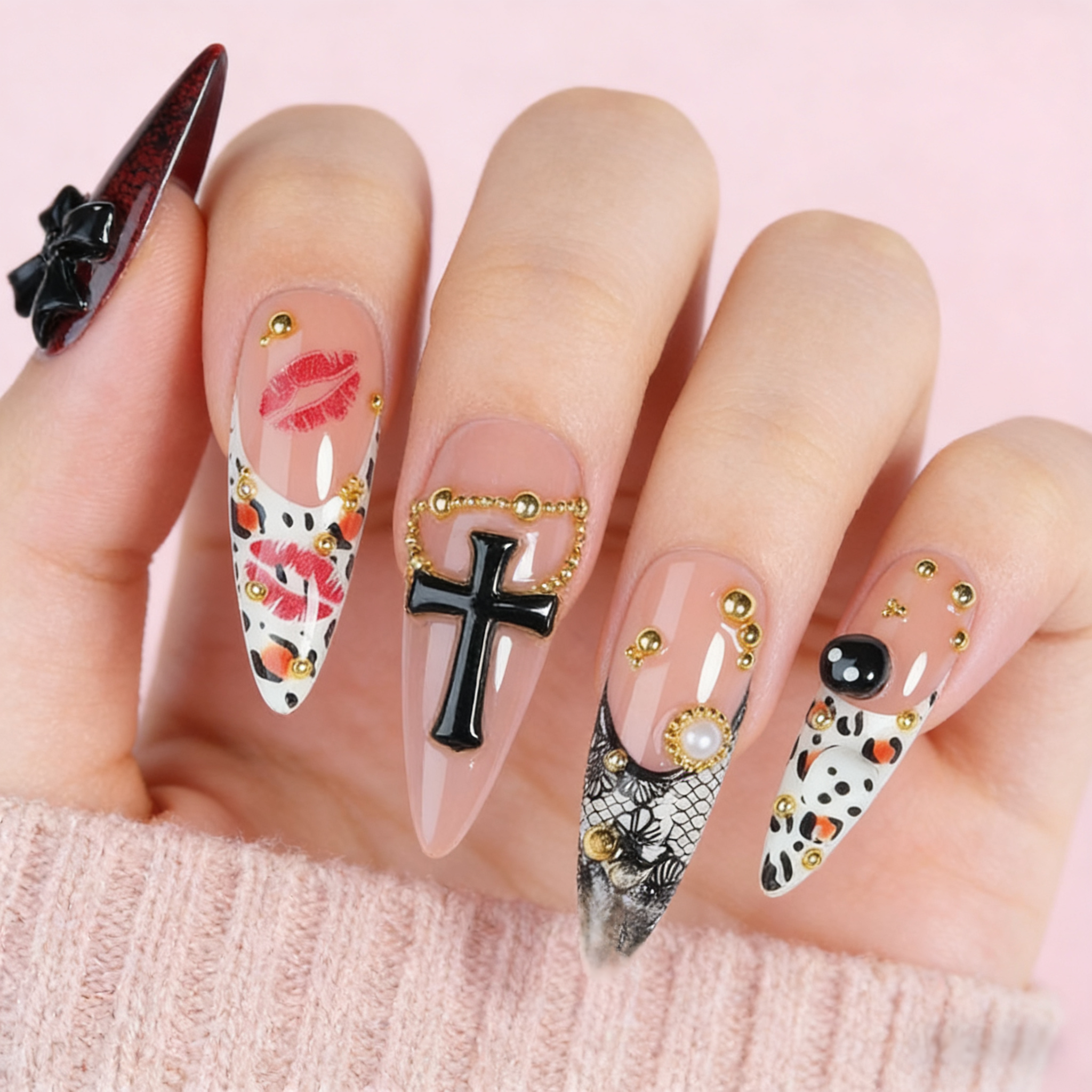 Handmade Luxury "Vegas Glam" Baddie Nails | 3D Red Lips & Dice Charms | Leopard Print & Black Lace French Art | High-Stakes Gothic Statement Press-on Nails